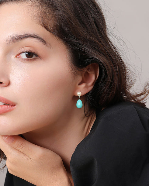Freshwater Pearl and Waterdrop Turquoise Earrings